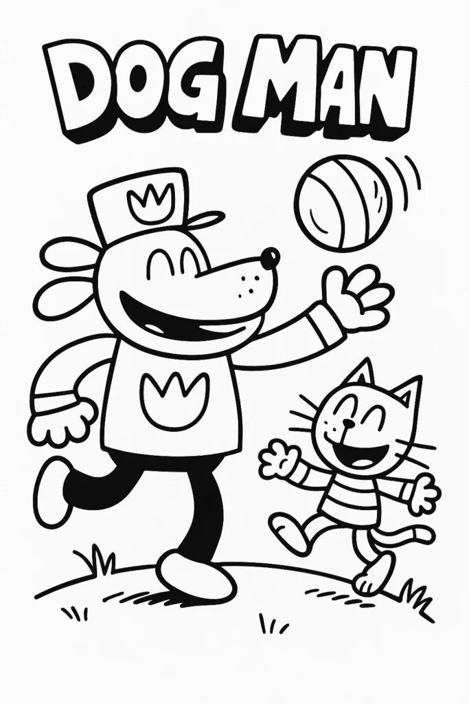 Free Printable Dog Man playing and running Coloring Pages