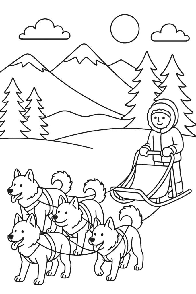 Sled Dogs Racing Through Snowy Trees